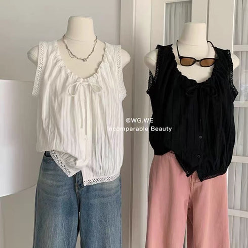 MATINEE Lace Border Drawn String Collar Tops